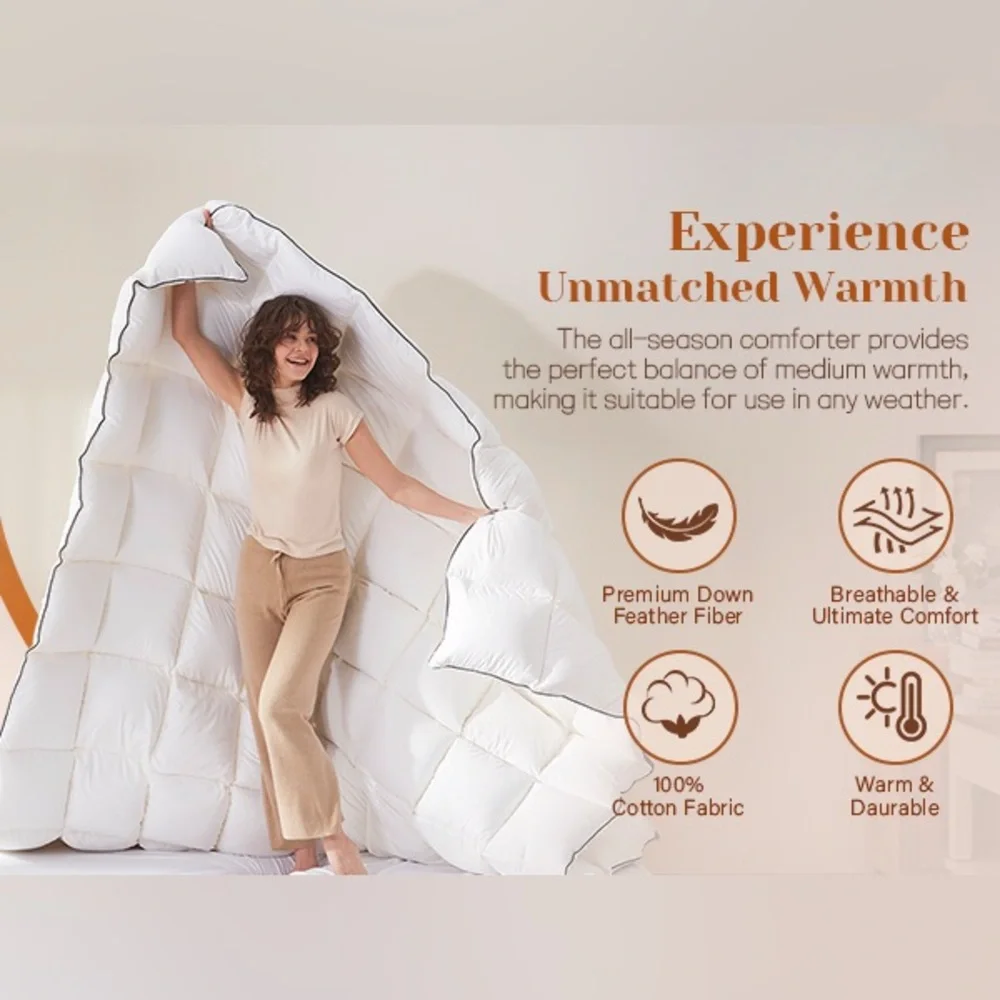 All Season Goose Feather Down Comforter Twin, Fluffy Breathable Cotton